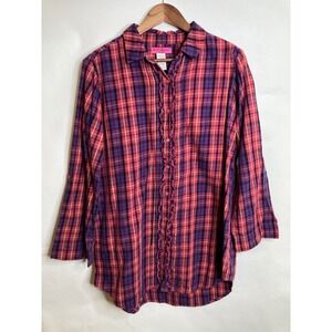 Betsey Johnson Intimates Womens Top L Pink Plaid Ruffle Button Pajama Loungewear